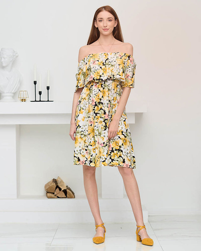Yellow knee-length dress with a multicolored floral pattern - Clothing