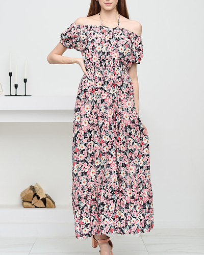 Long summer black dress for women with light pink flowers - Clothing