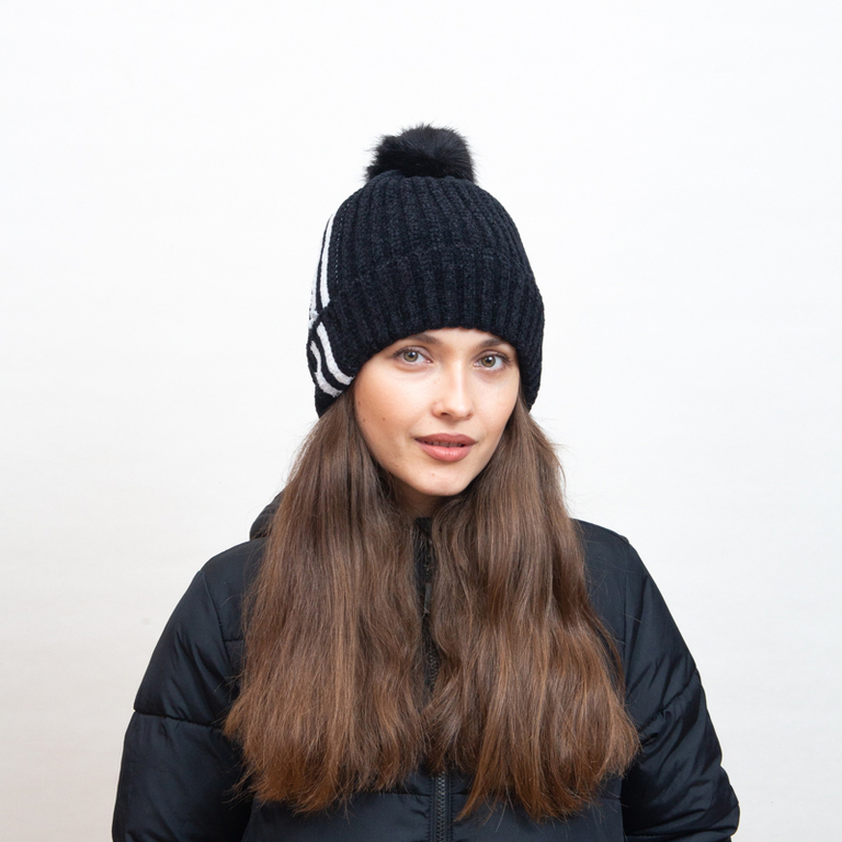 Black insulated beanie with white stripes and pompom - Accessories
