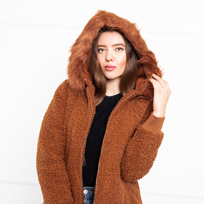 Women's brown jacket with a sheepskin hood - Clothing