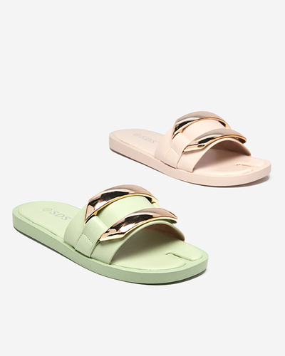 Green women's slippers with a large golden ornament Kedino - Footwear