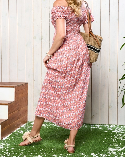 Коралловое женское платье-миди с цветочным узором - Одежда