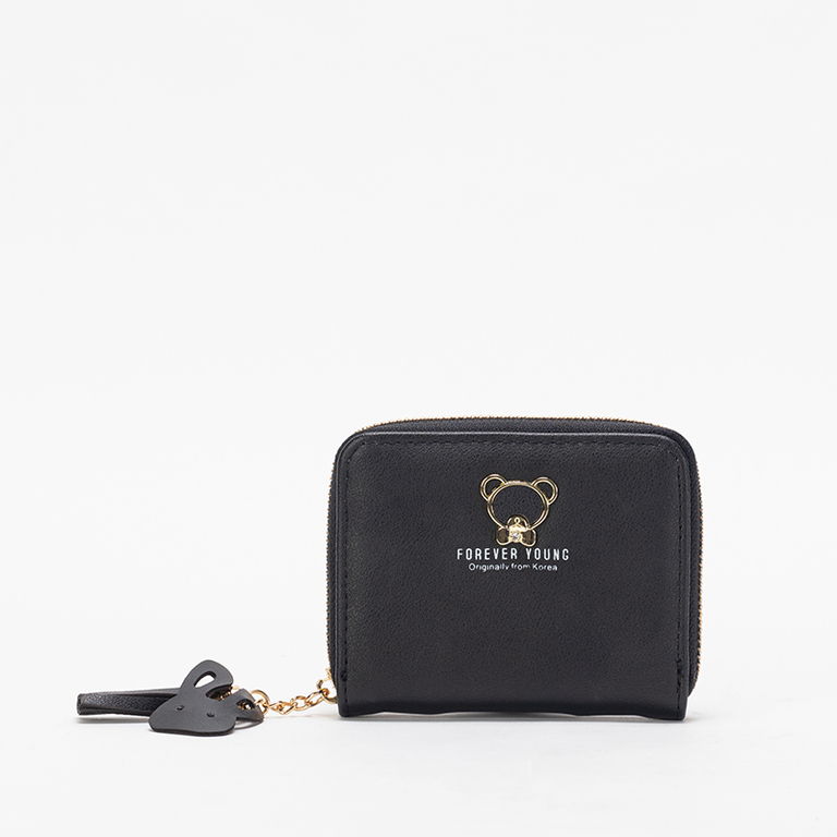 Black small women's wallet with a teddy bear and a keyring - Accessories
