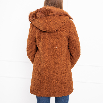 Women's brown jacket with a sheepskin hood - Clothing