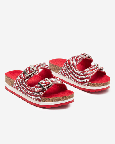 Women's slippers with cubic zirconia in red Lalud-Shoes