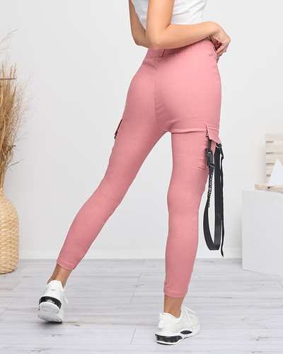 Dark pink women's cargo pants with a belt - Clothing