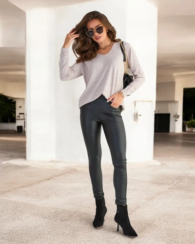 Royalfashion Beige-gray women's sweater with a heart neckline