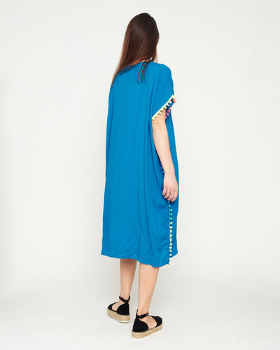 Women's blue summer beach tunic with pompoms - Clothing