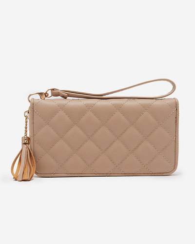 Beige women's large quilted wallet with tassels - Accessories