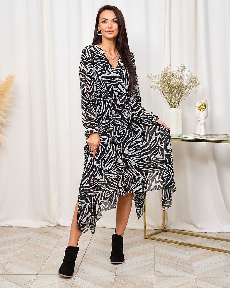 Royalfasion Black and white women's long dress with fashionable print