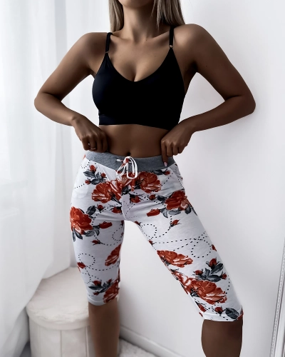 Women's white 3/4 length shorts with red flowers PLUS SIZE - Clothing