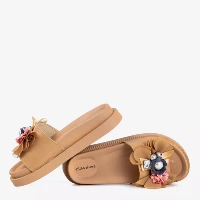 OUTLET Light brown women's slippers with Mistera flowers - Footwear