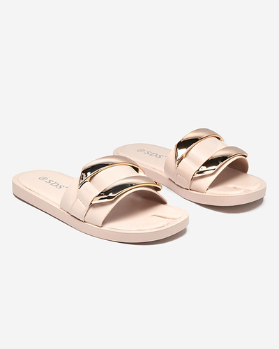Beige women's slippers with a large golden ornament Kedino - Footwear