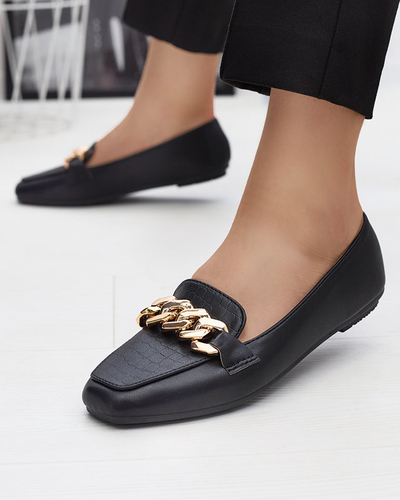 Black women's moccasins with embossing and chain on the toe by Kedis - Footwear