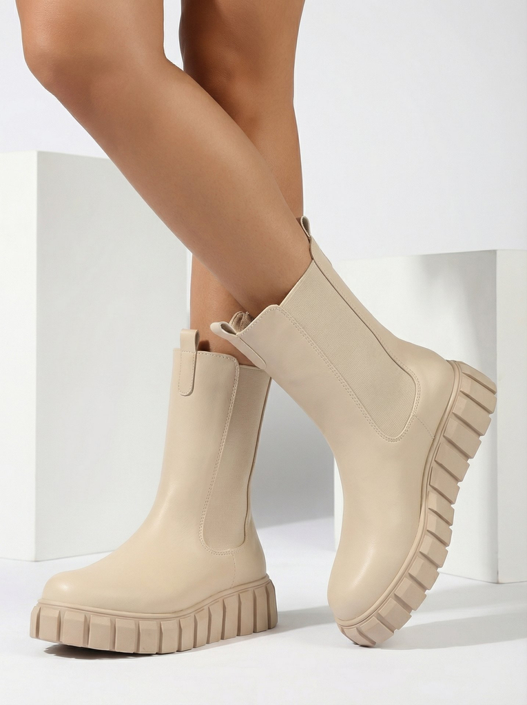 Royalfashion Женские сапоги на высоком плоском каблуке цвета экрю Elicane