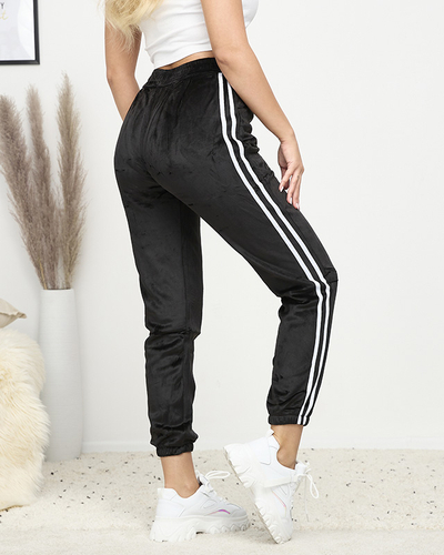 Melnas sieviešu siltinātas velūra treniņbikses ar svītrām - Apģērbs
