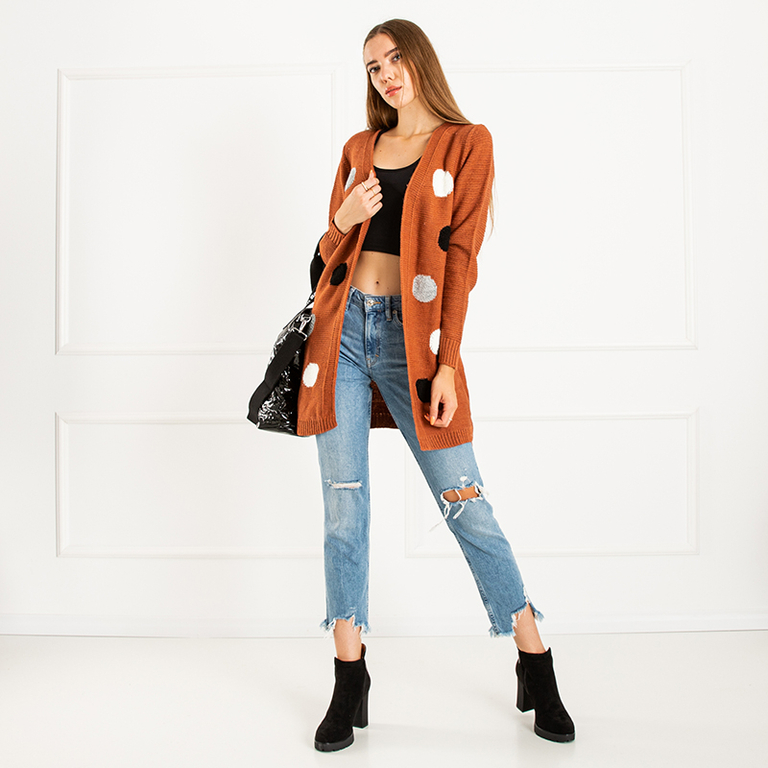 Ladies 'brown tied cardigan with colored circles - Clothing