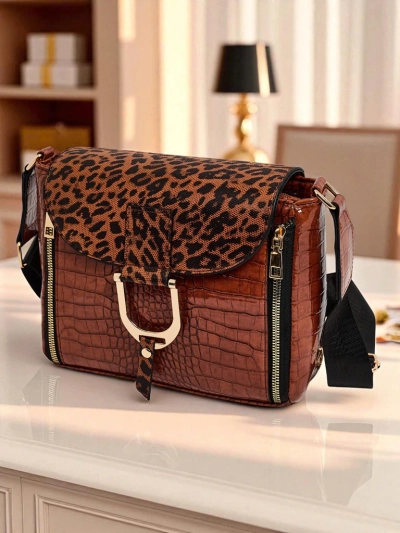 Ariadne Camel Croco Handbag with Panther Flap – Stylish Messenger Bag