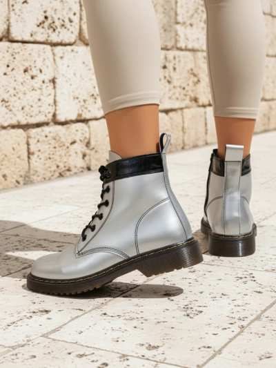 Women's Silver Celestina Eco Patent Leather Ankle Boots with Zipper