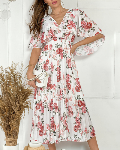 Royalfashion Sieviešu plisēta puķaina midi kleita