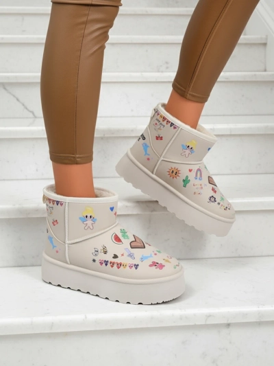 Botki Lemuria - Kremowe Śniegowce Doodle na Grubej Podeszwie Furrini