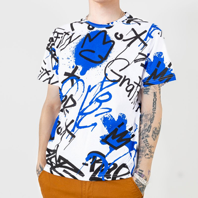 White and blue cotton men's t-shirt with inscriptions - Clothing