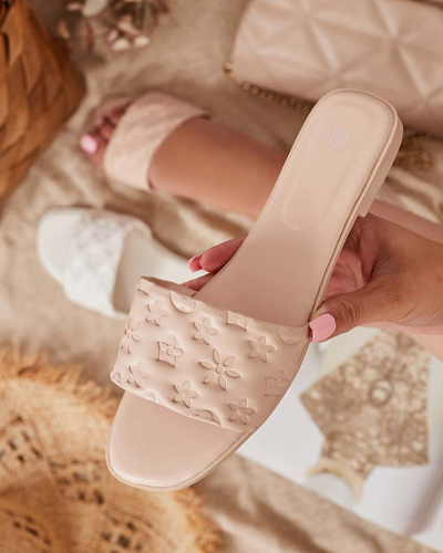 Beige women's slippers with Mersyli- embossing. Footwear