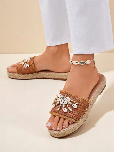 Сандалии Royalfashion Callista Boho Camel на плоской платформе с ракушками