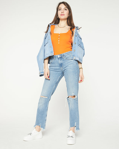 Orange women's top with cubic zirconia a'la buttons- Clothing