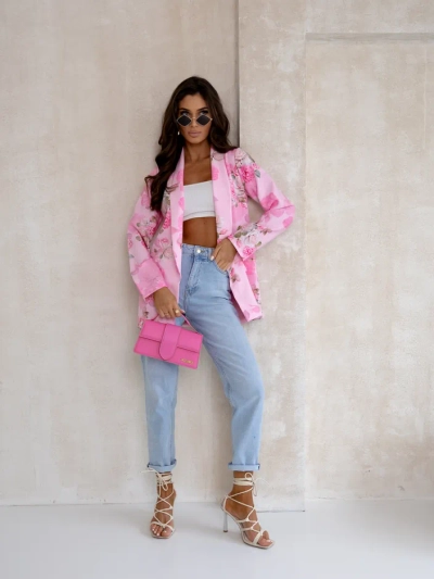 Royalfashion Sieviešu blazer bez aizdaru ar rozā ziediem