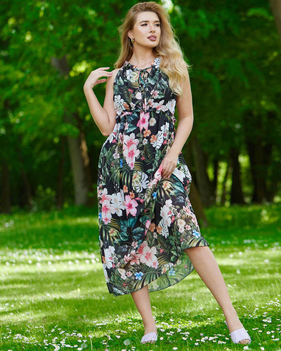 Black women's maxi dress with flowers - Clothing