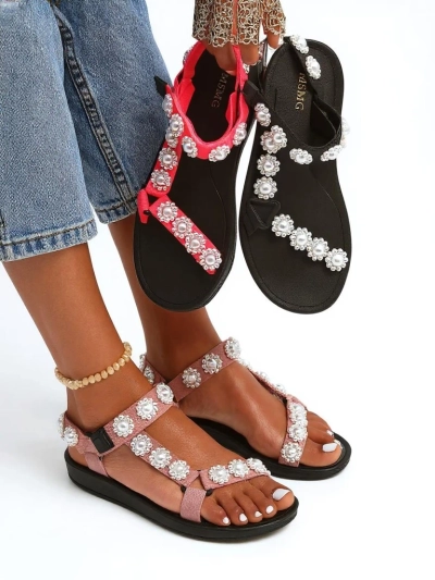 Сандалии Letitia Royalfashion розовые на платформе - жемчужные джеты классические