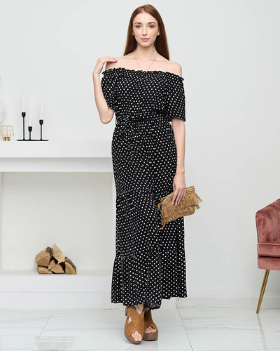 Black ladies midi dress with open back polka dots - Clothing