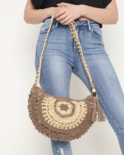 Ladies' dark brown straw bag with decorative fringes - Accessories