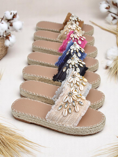 Sandały damskie Royalfashion Helena Decor czarne espadryle mit mushelkami