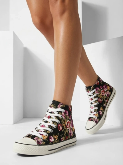 Flora Women's Black-Floral Fabric Summer Sneakers