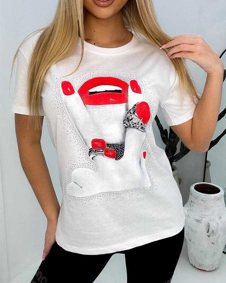 Royalfashion Sieviešu t-krekls ar apdruku un cirkoniem