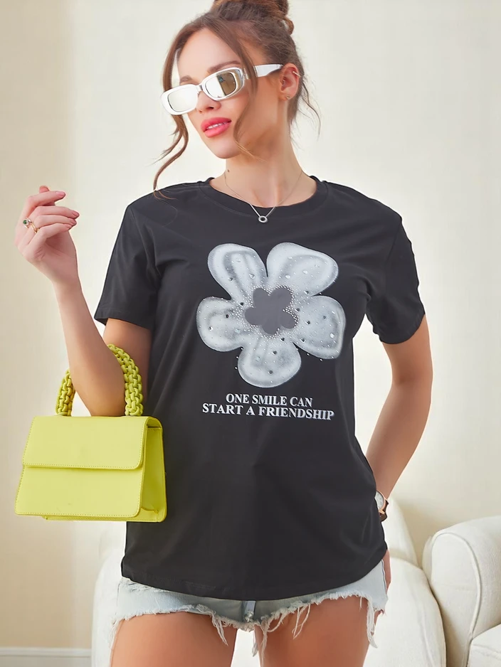Royalfashion Women's Cotton T-Shirt with Flower
