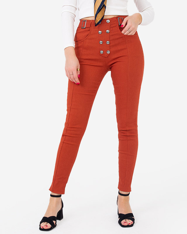 Brown women's fabric treggings with decorative buttons - Clothing