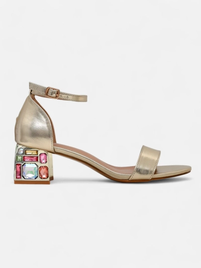 Elektra Aurelia – gold sandals on a block heel with colorful crystals 5.5 cm