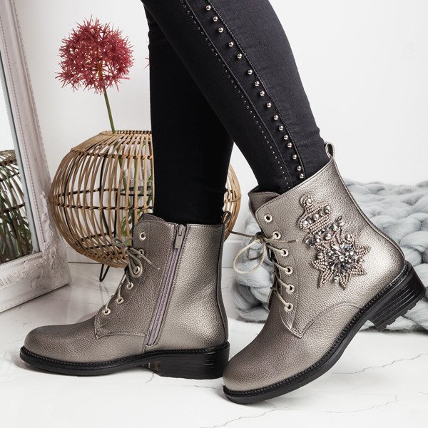 Szare workery z ozdobą Felicitas - Obuwie