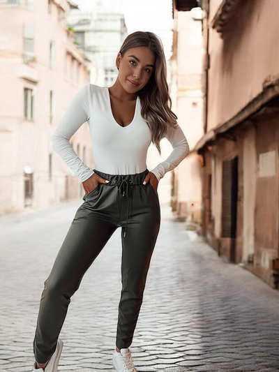 Royalfashion Women's eco leather pants in dark green