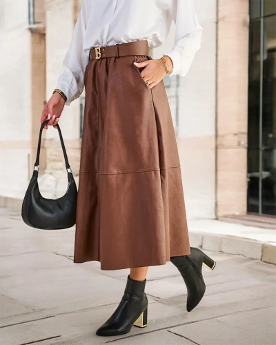Royalfashion Sieviešu ekoloģiskā ādas midi svārki