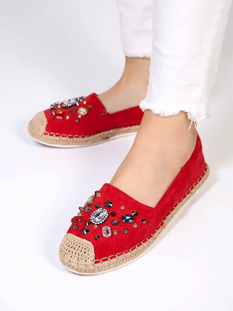 Red women's eco-suede espadrilles with cubic zirconias Mediros - Footwear