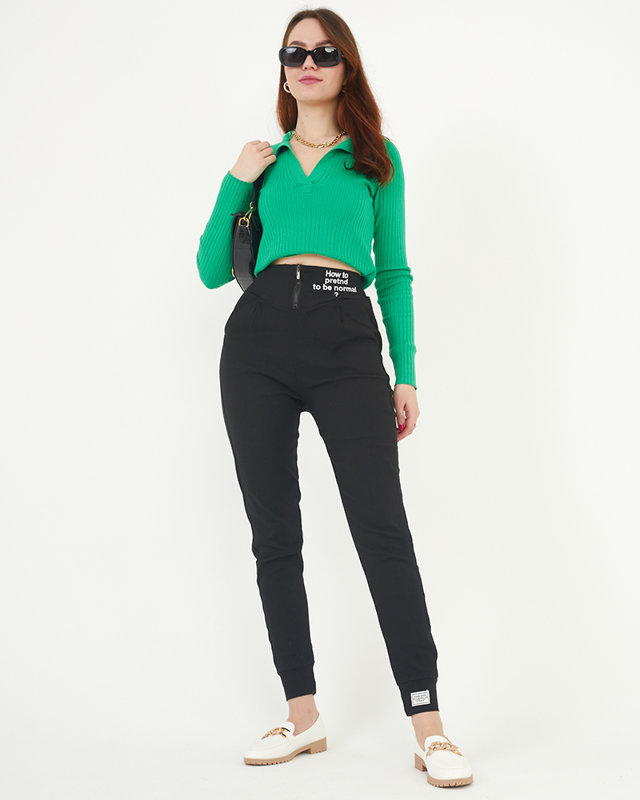 Women's black fabric treggings with decorative inscriptions - Clothing