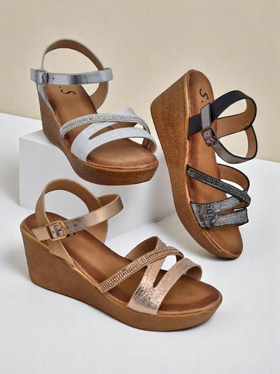 Royalfashion Women's wedge sandals with rhinestones and glitter Eclat