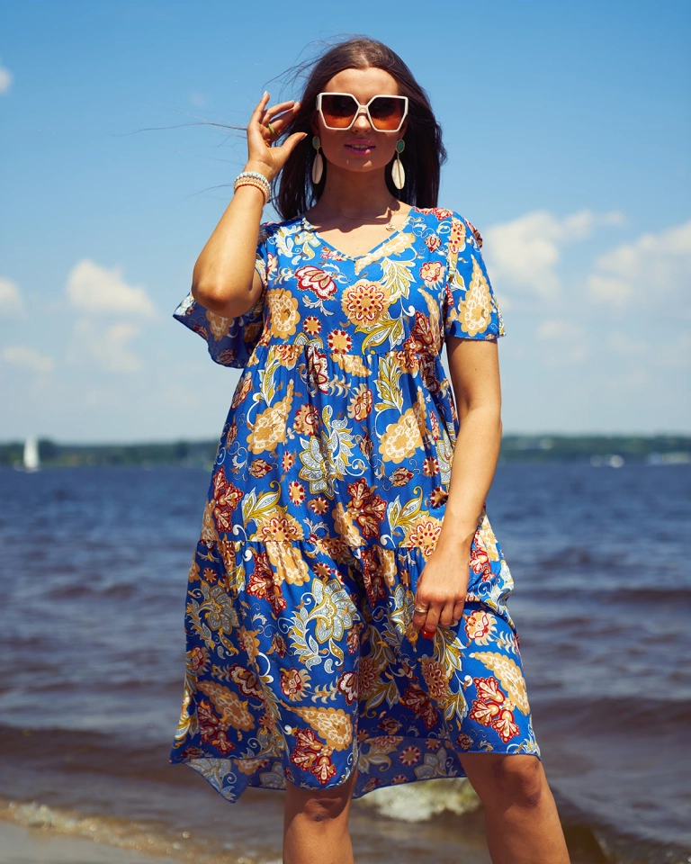 Royalfashion Kobalta krāsas sieviešu kleita ar krāsainu ziedu rakstu