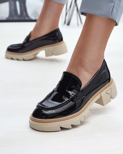 Black women's eco leather patent leather moccasins Sepop- Footwear