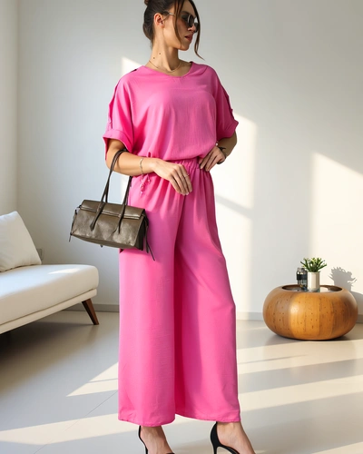 Royalfashion Sieviešu ikdienas komplekts ar īsām piedurknēm un platiem biksēm