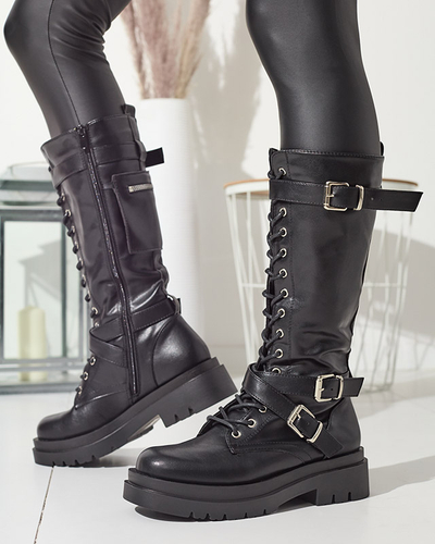 Black worker boots with decorative stripes on the upper. Imielin - Footwear